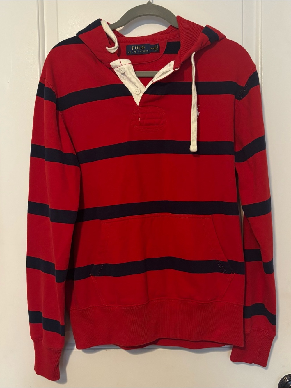 Polo Ralph Lauren men’s striped rugby hoodie medium red navy blue stripes